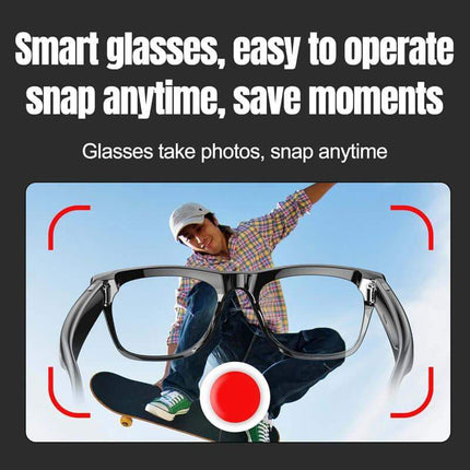 AI Smart Glasses. Smart glasses with a person on a skateboard against a blue sky, text about ease of operation and photo/snap capabilities. Astoria Lifestyle