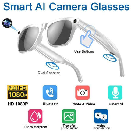 AI Smart Glasses. Smart AI Camera Glasses with features highlighted on a white background. Astoria Lifestyle