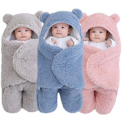 Three Baby Wrap Blankets Swaddle Cozy, Gentle, and Multi-Functional in gray, blue, and pink with bear ears on a white background.