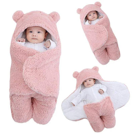 Pink Baby Wrap Blankets Swaddle Cozy, Gentle, and Multi-Functional with bear ears in three different poses on a white background