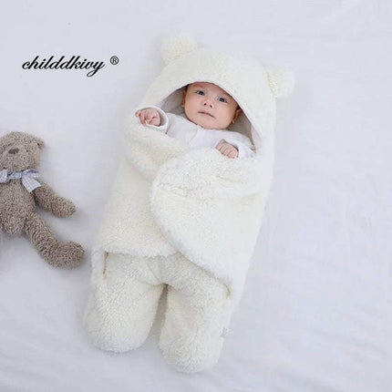 Baby wrapped in a white Baby Wrap Blankets Swaddle Cozy, Gentle, and Multi-Functional with a teddy bear on a light gray background, featuring the brand 'childdkiv'.