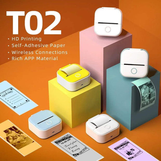Colorful T02 Portable Bluetooth Thermal Label Printer Self-Adhesive Thermal Papers on a gradient background with text highlighting features.