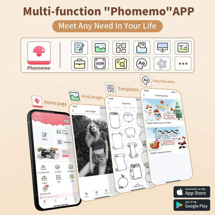 T02 Portable Bluetooth Thermal Label Printer Self-Adhesive Thermal Papers Promotional graphic for the Phomemo app with smartphone screens displaying app features on a beige background.