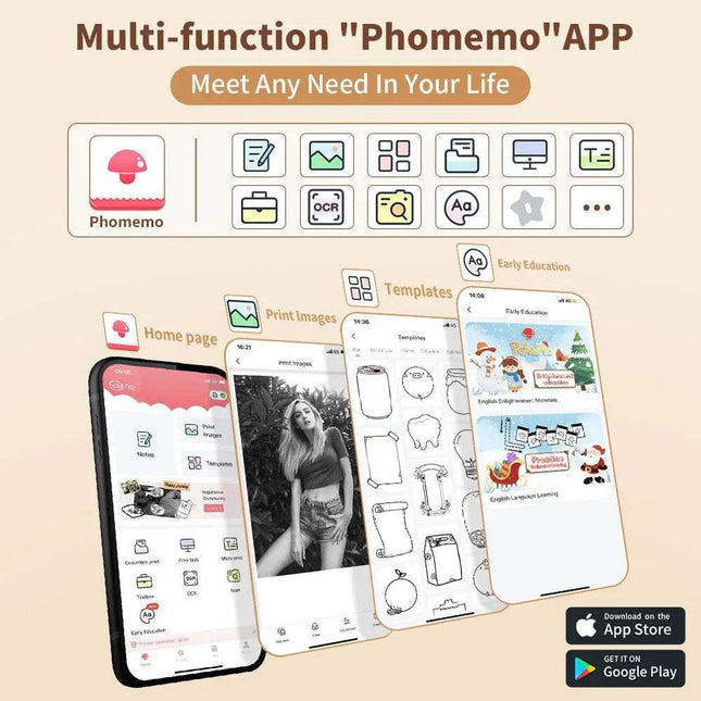 T02 Portable Bluetooth Thermal Label Printer Self-Adhesive Thermal Papers Promotional graphic for the Phomemo app with smartphone screens displaying app features on a beige background.