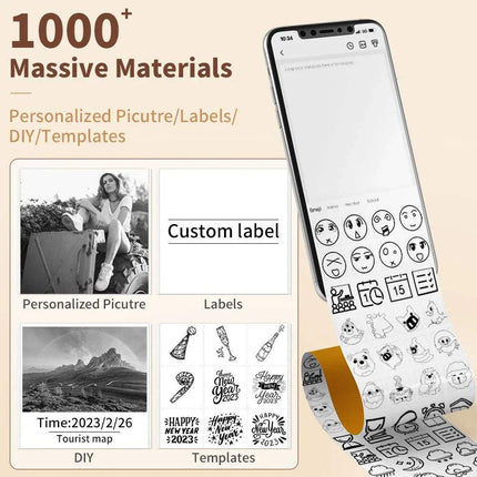 T02 Portable Bluetooth Thermal Label Printer Self-Adhesive Thermal Papers Phone with customizable labels and templates on a beige background