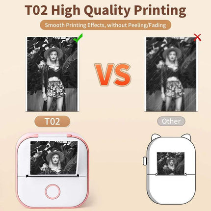 Comparison of high quality printing of T02 Portable Bluetooth Thermal Label Printer Self-Adhesive Thermal Papers with another device on a beige background.