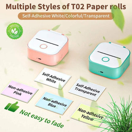 Two T02 Portable Bluetooth Thermal Label Printer with Self-Adhesive Thermal Papers on a beige background with green leaves.