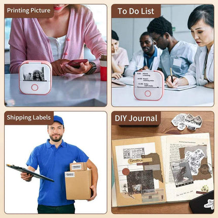 Collage of a T02 Portable Bluetooth Thermal Label Printer Self-Adhesive Thermal Papers in use for printing pictures, creating a to-do list, shipping labels, and making a DIY journal.