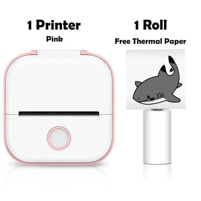 Pink T02 Portable Bluetooth Thermal Label Printer Self-Adhesive Thermal Papers with a roll of thermal paper featuring a shark design on a white background