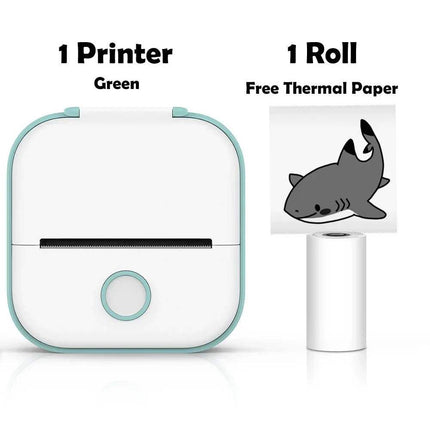 green T02 Portable Bluetooth Thermal Label Printer Self-Adhesive Thermal Papers with a roll of thermal paper featuring a shark design on a white background.