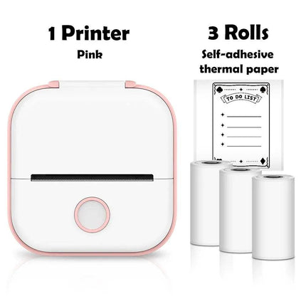 Pink T02 Portable Bluetooth Thermal Label Printer Self-Adhesive Thermal Papers with three rolls of self-adhesive thermal paper on a white background