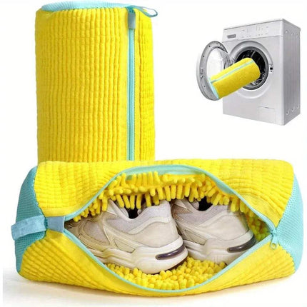 Yellow Shoe Washing Machine Bag 360° Deep Cleaning & Footwear Protection with a white dryer in the background