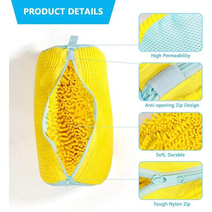 Yellow Shoe Washing Machine Bag 360° Deep Cleaning & Footwear Protection with features highlighted on a white background