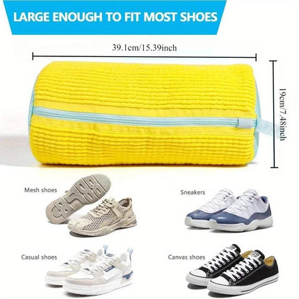 Yellow Shoe Washing Machine Bag 360° Deep Cleaning & Footwear Protection with dimensions and examples of shoes it can fit.