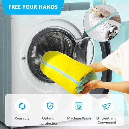 Person using a yellow Shoe Washing Machine Bag 360° Deep Cleaning & Footwear Protection inside a washing machine with text 'Free Your Hands' and icons below.