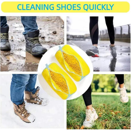 Collage of people cleaning shoes with a Shoe Washing Machine Bag 360° Deep Cleaning & Footwear Protection, labeled 'Cleaning Shoes Quickly'.
