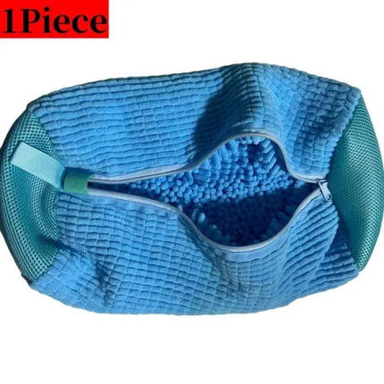 Blue Shoe Washing Machine Bag 360° Deep Cleaning & Footwear Protection with a strap on a white background