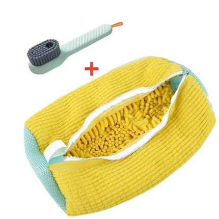 Yellow Shoe Washing Machine Bag 360° Deep Cleaning & Footwear Protection with shoe brush on a white background