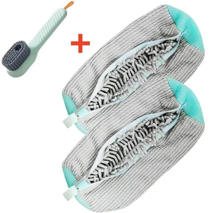 Two gray Shoe Washing Machine Bag 360° Deep Cleaning & Footwear Protection with shoe brush on a white background.
