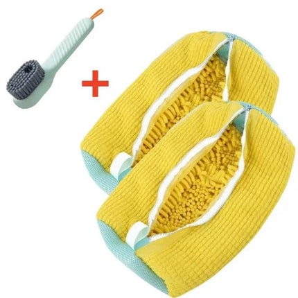 Two yellow Shoe Washing Machine Bag 360° Deep Cleaning & Footwear Protection with shoe brush on a white background
