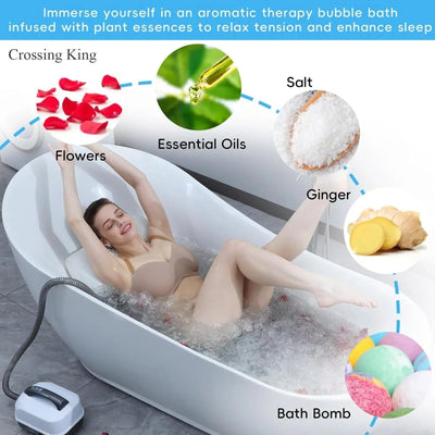 Woman relaxing in a bathtub with aromatherapy elements like flowers, salt, essential oils, ginger, and bath bomb.