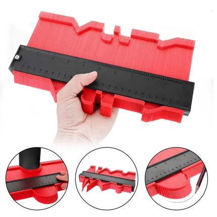Contour Gauge Profile Duplication Tool for precise cutting and shape replication in red, held in hand with measurement ruler.