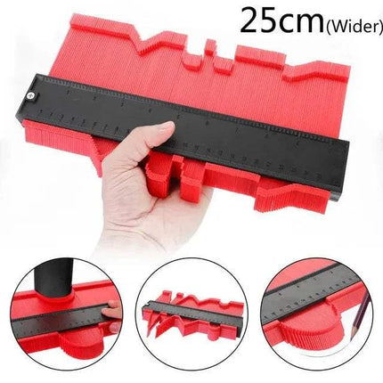 Contour Gauge tool in hand for precise shape duplication, featuring a 25cm width and measurement ruler.