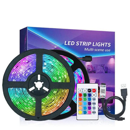 RGB Bluetooth LED Strip Lights with packaging, remote control, and USB cable on a white background