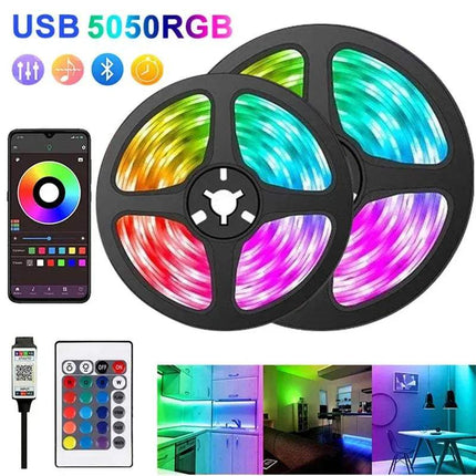 RGB Bluetooth LED Strip Lights with smartphone app and remote control, showing color-changing effects.