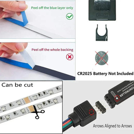 Instructions for using a RGB Bluetooth LED Strip Lights with battery pack, showing how to peel off layers and cut the strip.