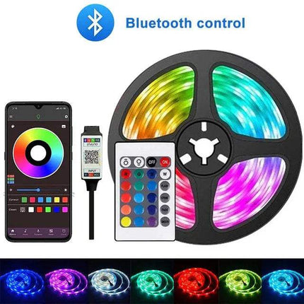 RGB Bluetooth LED Strip Lights with Bluetooth control, smartphone app, and remote control on a white background.