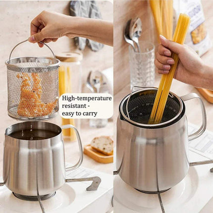 Stainless Steel Frying Pot Even & Crispy Frying Made Easy with strainer for easy cooking and crispy results.