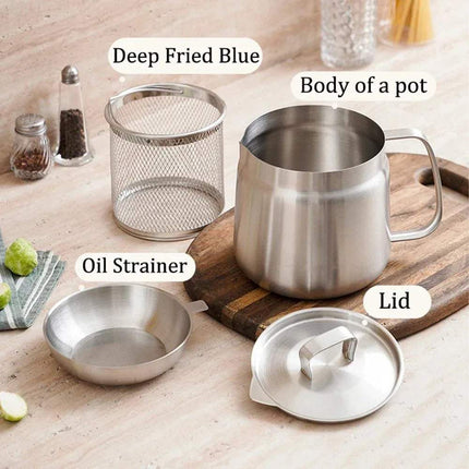 Stainless Steel Frying Pot Even & Crispy Frying Made Easy components including the pot body, oil strainer, and lid for deep frying at home.