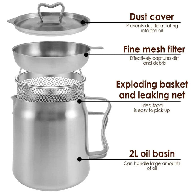 Stainless Steel Frying Pot Even & Crispy Frying Made Easy include dust cover, fine mesh filter, exploding basket, and 2L oil basin for efficient frying.