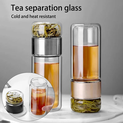 Tea separation glass with tea leaves and liquid on a gray background