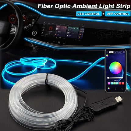 Fiber optic RGB Car Interior Ambient LED Light Strip with USB control and app control displayed on a car interior background.