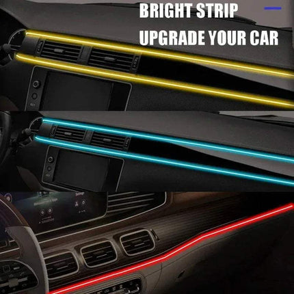 Car interior with RGB Car Interior Ambient LED Light Strip in yellow, blue, and red, with text 'Bright Strip Upgrade Your Car'.