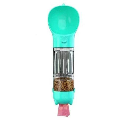 Lake blue Portable Pet Feeder Water and Food with a clear section showing food and a pink pouch at the bottom on a white background.