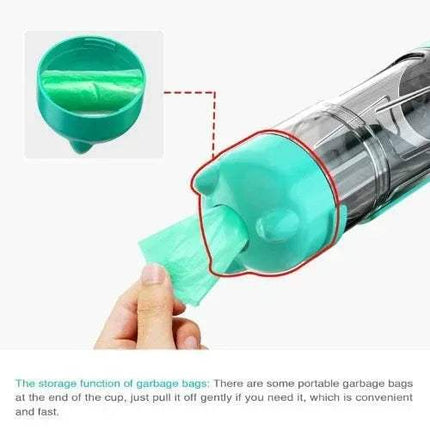 Lake blue Portable Pet Feeder Water and Food with storage function for garbage bags, held by a hand.