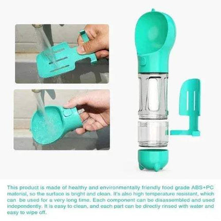 Lake blue Portable Pet Feeder Water and Food showcasing its feature cleaning tool with clear components being used to clean a sink.