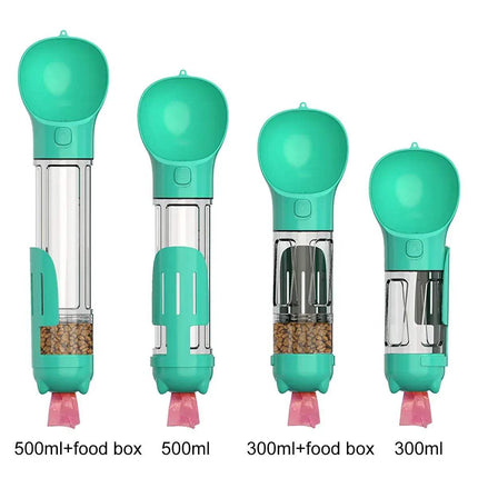 Set of four lake blue Portable Pet Feeder Water and Food with varying capacities on a white background