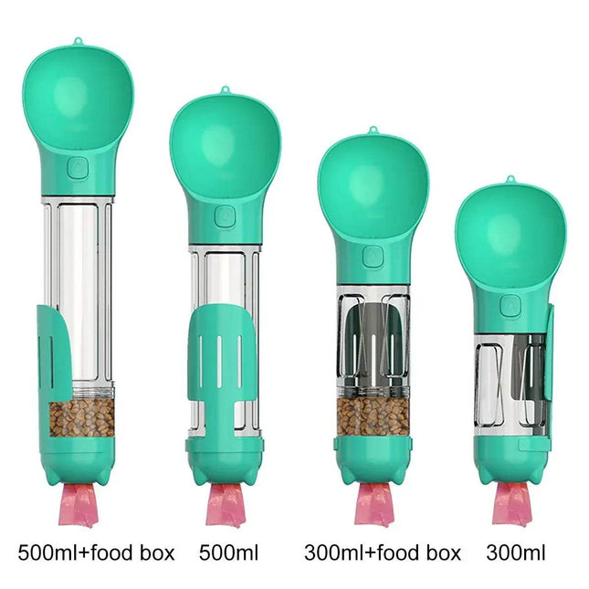 Set of four lake blue Portable Pet Feeder Water and Food with varying capacities on a white background