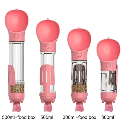 Set of four powder red Portable Pet Feeder Water and Food with varying capacities on a white background