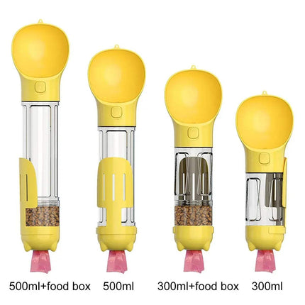 Set of four yellow Portable Pet Feeder Water and Food with varying capacities on a white background