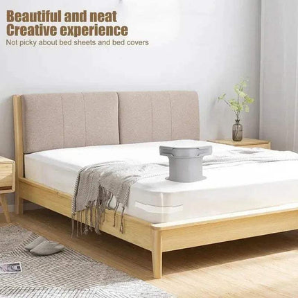 Bed Sheet Fasteners on top of a Wooden bed with beige headboard and white bedding in a minimalistic room.