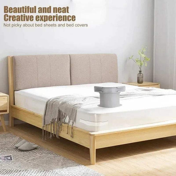 Bed Sheet Fasteners on top of a Wooden bed with beige headboard and white bedding in a minimalistic room.