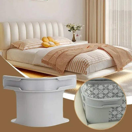 Bed with beige bedding and a white headboard, with insets of a white Bed Sheet Fasteners and a patterned container.