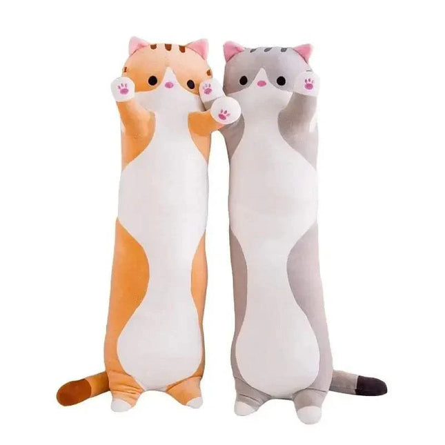 Two Long Cat Pillow for Comfort & Cuddling, one orange and white, the other gray and white, on a white background.
