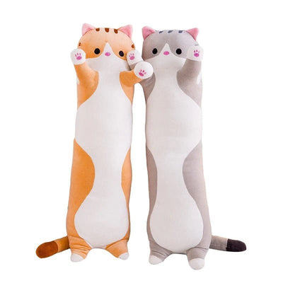 Two cat-shaped plush toys, one orange and white, the other gray and white, on a white background.