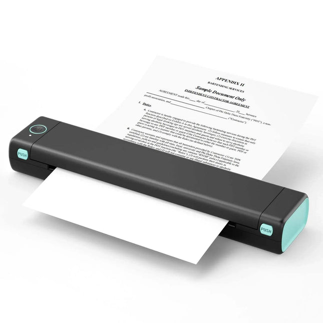 M08F A4 Portable Thermal Printer Wireless Inkless Printing Anywhere with a document printed on a white background
